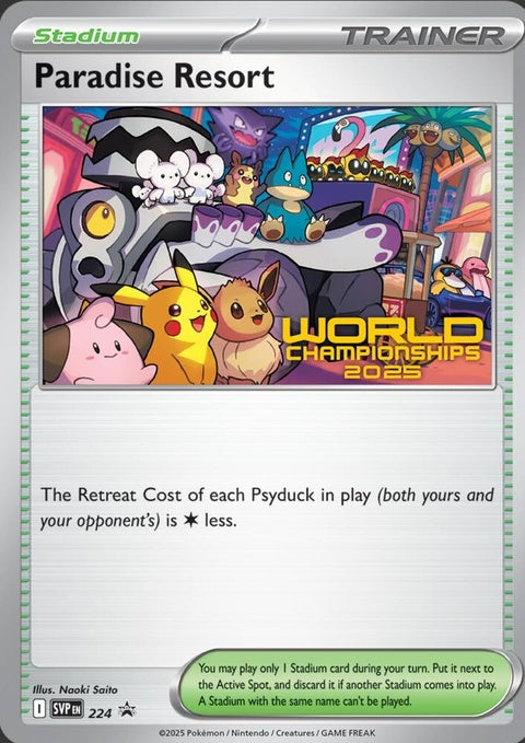 Pokémon Scarlet & Violet Black Star Promo card Paradise Resort 224 for World Championships 2025, featuring vibrant artwork.