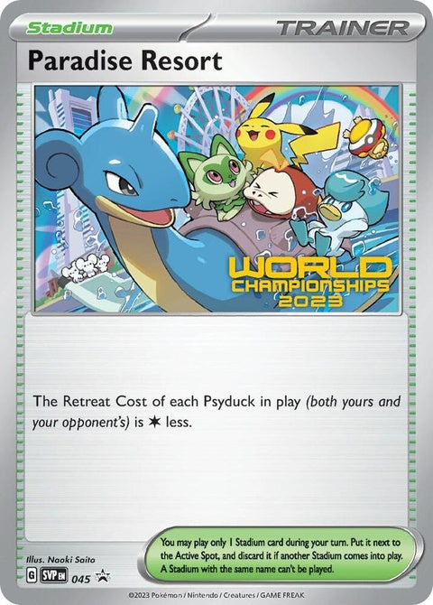 Pokémon Scarlet & Violet Black Star Promo card Paradise Resort 45 from World Championships 2023, featuring vibrant artwork and branding.