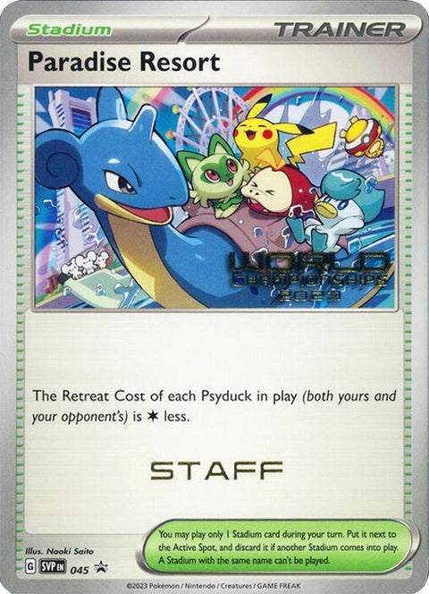 Pokémon Scarlet & Violet Black Star Promo card Paradise Resort 45 from World Championships 2023, featuring vibrant artwork and Pokémon design.