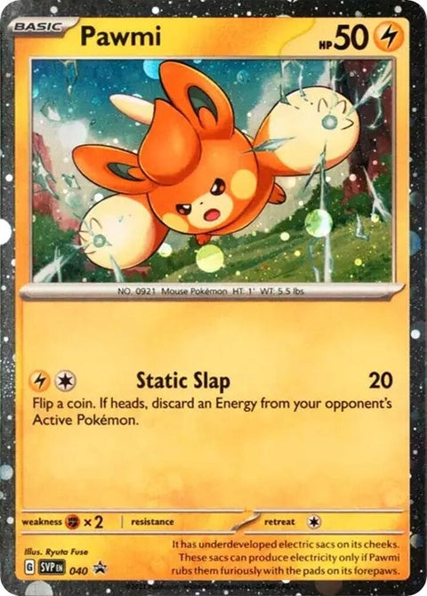 Pokémon Scarlet & Violet Black Star Promo card featuring Pawmi with Cosmos Holo finish, 40-card set for collectible card game.