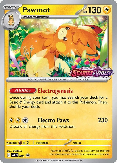 Pokémon Scarlet & Violet Black Star Promo Pawmot card, prerelease staff edition, featuring artwork and branding on the card.