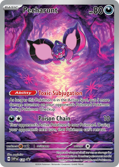 Pokémon Scarlet & Violet Black Star Promo Pecharunt card, Pokémon singles, collectible trading card featuring Pecharunt.