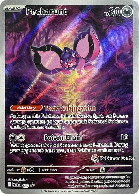 Pokemon Scarlet & Violet Black Star Promo Pecharunt card, Pokémon Center exclusive, featuring detailed artwork on a black background.