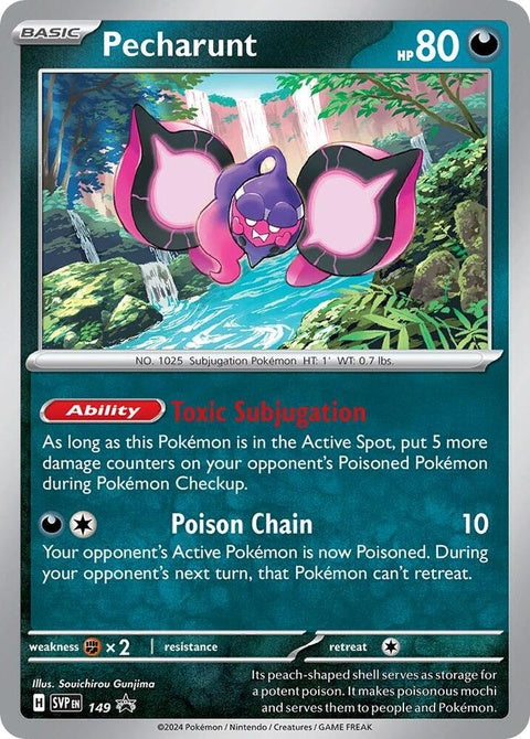 Pokémon Scarlet & Violet Black Star Promo Pecharunt card, singles, detailed illustration, vibrant colors, collectible trading card
