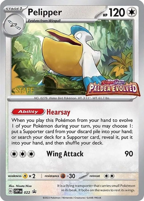 Pokémon Scarlet & Violet Black Star Promo Pelipper card from prerelease staff set, featuring a detailed illustration of the water-type Pokémon.