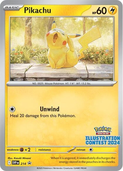 Pokémon Scarlet & Violet Black Star Promo Pikachu card #214 from Illustration Contest 2024, featuring a detailed Pikachu illustration.