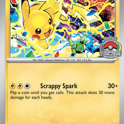 Pokémon Scarlet & Violet Black Star Promo Pikachu card, World Championship 2025, single Pokémon trading card with vibrant design.