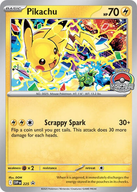 Pokémon Scarlet & Violet Black Star Promo Pikachu card, World Championship 2025, single Pokémon trading card with vibrant design.