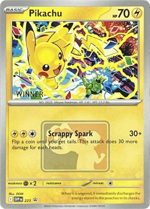 Pokémon Scarlet & Violet Black Star Promo Pikachu card, winner of World Championship 2025, singles collectible card.