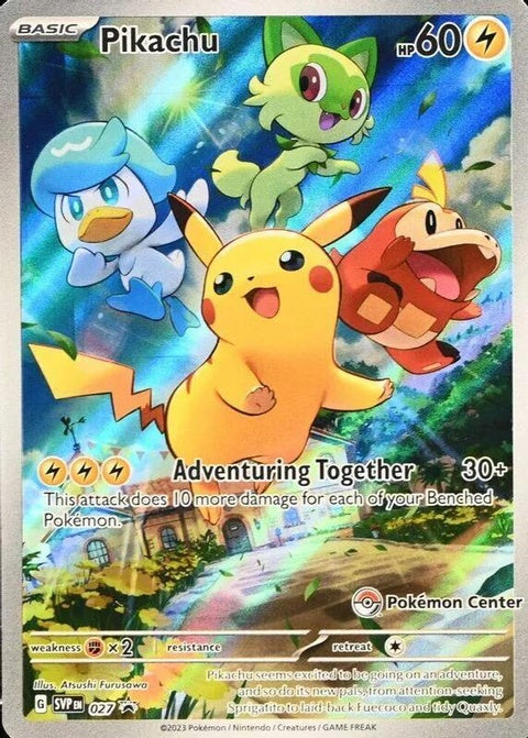 Pokémon Scarlet & Violet Black Star Promo Pikachu card number 27, Pokémon Center exclusive, featuring Pikachu from the Pokémon trading card series.
