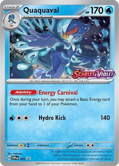 Pokémon Scarlet & Violet Black Star Promo Quaquaval card, prerelease version, featuring detailed artwork and branding.