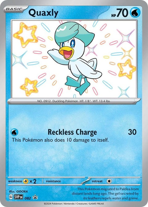 Pokémon Scarlet & Violet Black Star Promo Quaxly card, single from the Pokémon trading card game, featuring Quaxly character artwork.