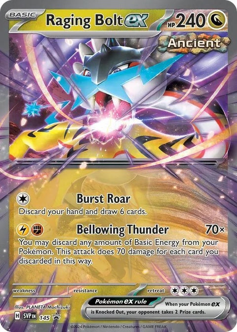 Pokémon Scarlet & Violet Black Star Promo Raging Bolt EX card, single card featuring vibrant artwork and Pokémon branding.