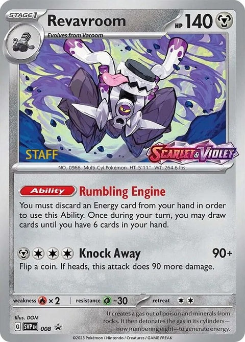 Pokémon Scarlet & Violet Black Star Promo Revavroom card, prerelease staff edition, featuring detailed artwork on a black background.