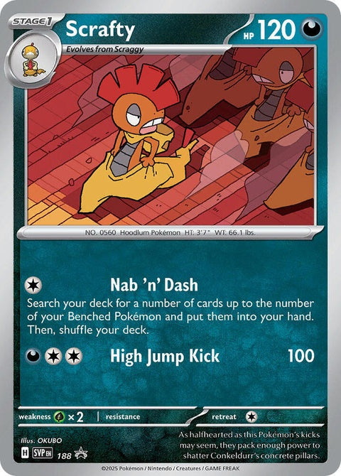Pokémon Scarlet & Violet Black Star Promo card featuring Scrafty, a dark and fighting type Pokémon, numbered 188.