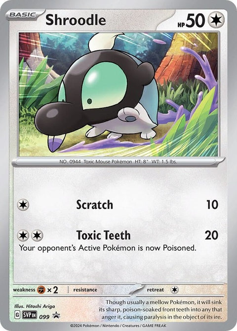 Pokémon Scarlet & Violet Black Star Promos Shroodle single card with black star logo, detailed artwork, and Pokémon branding.
