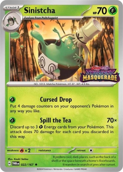 Pokémon Scarlet & Violet Black Star Promo Sinistcha card from the Prerelease, featuring detailed artwork and branding.