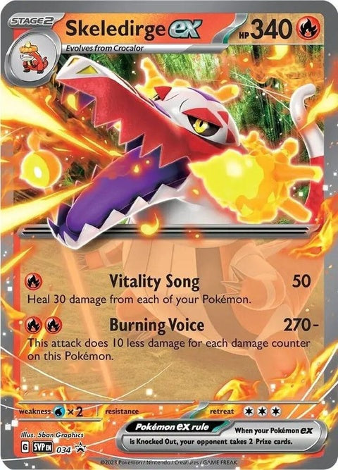 Pokémon Scarlet & Violet Black Star Promo Skeledirge EX card, featuring vibrant artwork and detailed Pokémon illustration.