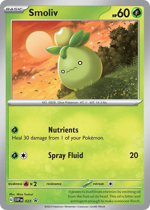 Pokémon Scarlet & Violet Black Star Promo card featuring Smoliv, a single trading card from the 23 series.