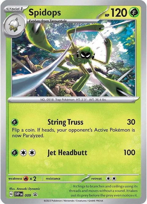 Pokémon Scarlet & Violet Black Star Promo Spidops card from the Singles series, featuring detailed artwork of the Pokémon Spidops.
