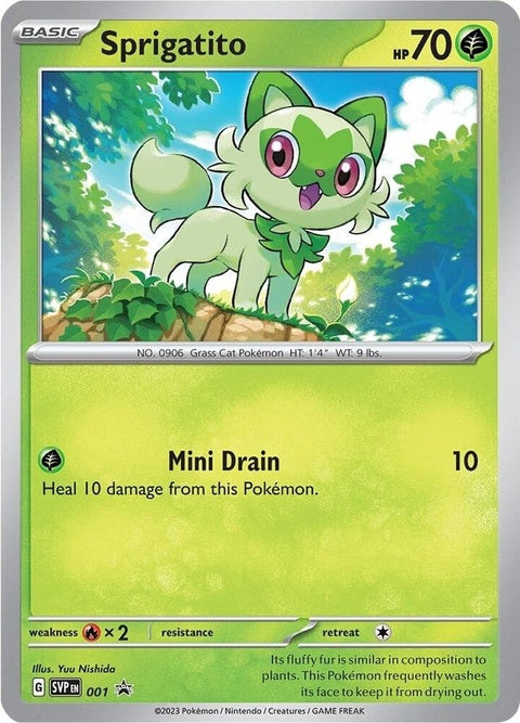 Pokémon Scarlet & Violet Black Star Promo card featuring Sprigatito, a popular Pokémon from the Scarlet and Violet series.
