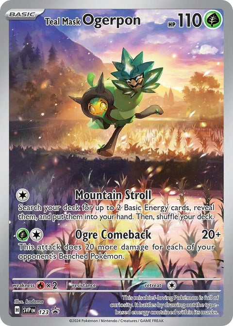 Pokémon Scarlet & Violet Black Star Promo Teal Mask Ogerpon trading card, limited edition singles from the Pokémon series.