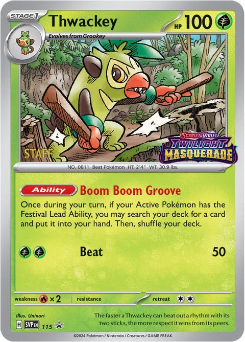 Pokemon Scarlet & Violet Black Star Promo Thwackey 115 prerelease card, featuring detailed artwork of the Pokémon Thwackey.