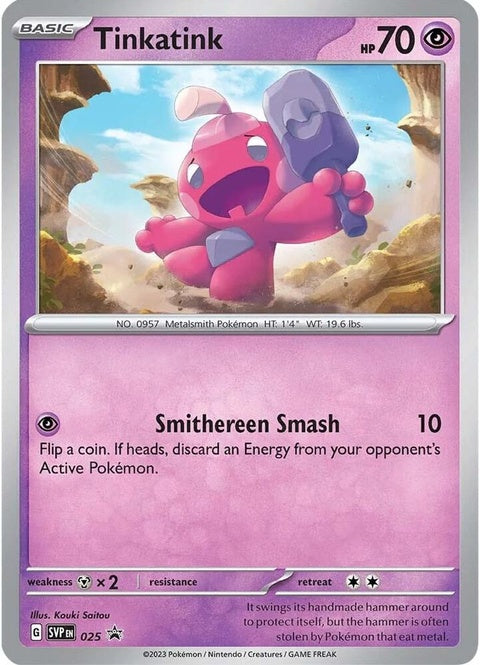 Pokémon Scarlet & Violet Black Star Promo Tinkatink card, 25, Cosmo Holofoil, official Pokémon singles card with holographic design.