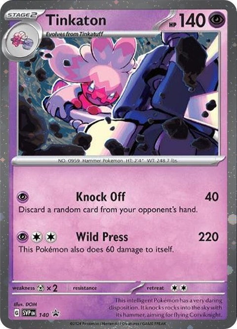 Pokémon Scarlet & Violet Black Star Promo Tinkaton 140 Cosmo Holo card, featuring a shiny Tinkaton with holographic details.
