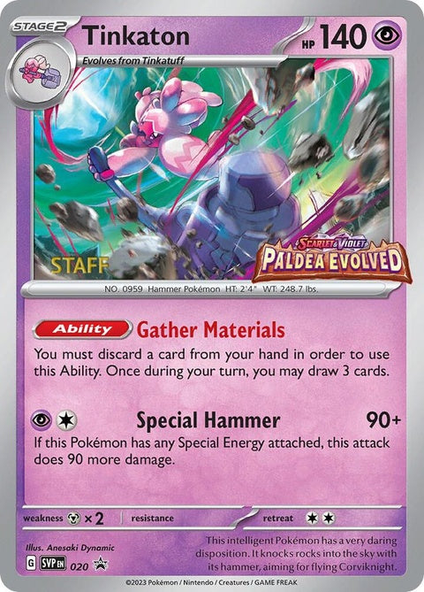Pokémon Scarlet & Violet Black Star Promo Tinkaton card, prerelease staff edition, featuring artwork of the Pokémon Tinkaton.