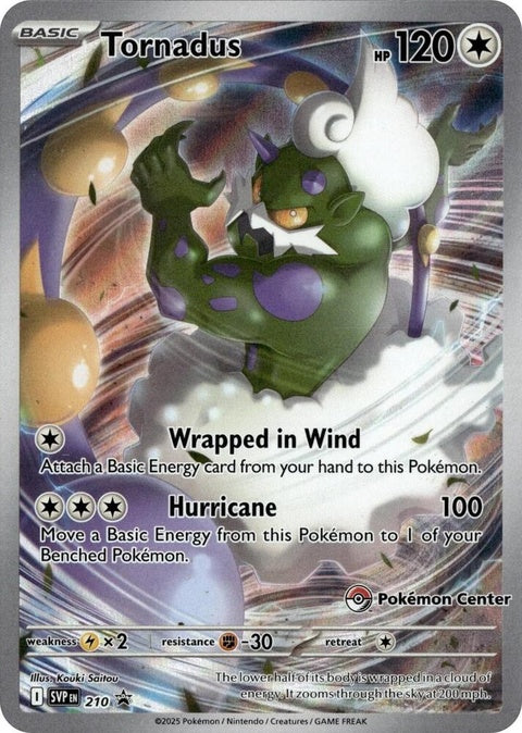 Pokemon Pokémon Center Scarlet & Violet Black Star Promo Tornadus card, numbered 210, featuring artwork of the Legendary Flying Pokémon.