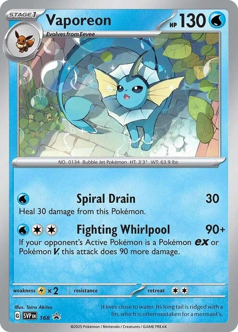 Pokémon Scarlet & Violet Black Star Promo Vaporeon card, single from the Pokémon TCG, featuring Vaporeon artwork and branding.