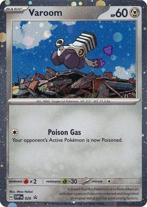 Pokémon Scarlet & Violet Black Star Promo Varoom 26 Cosmos Holo single card featuring holographic design and vibrant artwork.