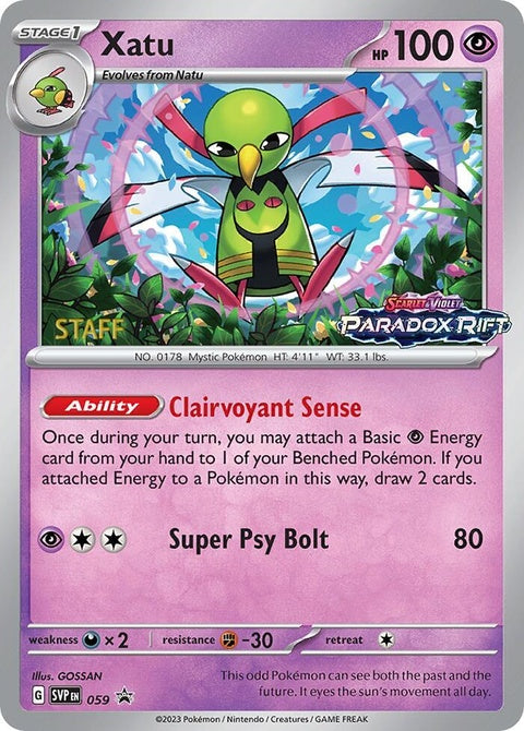 Pokémon Scarlet & Violet Black Star Promo Xatu card, prerelease staff edition, featuring detailed artwork and vibrant colors.