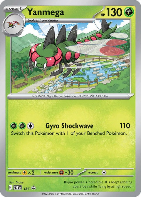 Pokémon Scarlet & Violet Black Star Promo Yanmega 187 card, featuring detailed artwork on a black background.