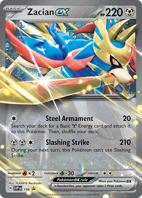 Pokémon Scarlet & Violet Black Star Promo card featuring Zacian EX, a collectible Pokémon trading card with vibrant artwork.