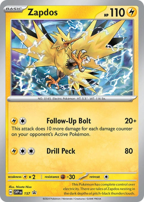 Pokémon Scarlet & Violet Black Star Promo Zapdos card, detailed close-up showing the artwork and holographic features.