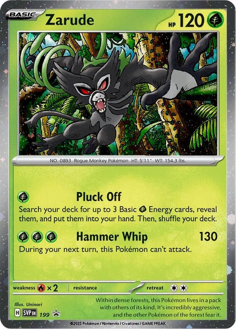 Pokémon Scarlet & Violet Black Star Promo Zarude 199 cosmos holo card, featuring Zarude Pokémon on a shiny holo background.