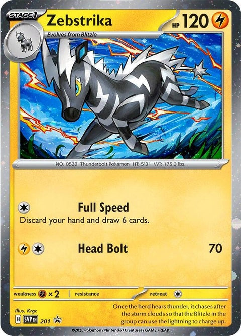 Pokémon Scarlet & Violet Zebstrika Black Star Promo 201 holographic card featuring Zebstrika Pokémon from the Cosmos Holo set.