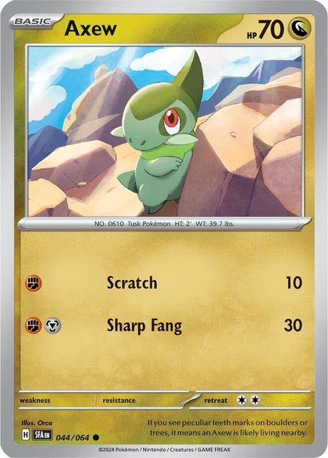 Pokémon Shrouded Fable Axew single card, featuring detailed artwork of the Dragon-type Pokémon in a dynamic pose.