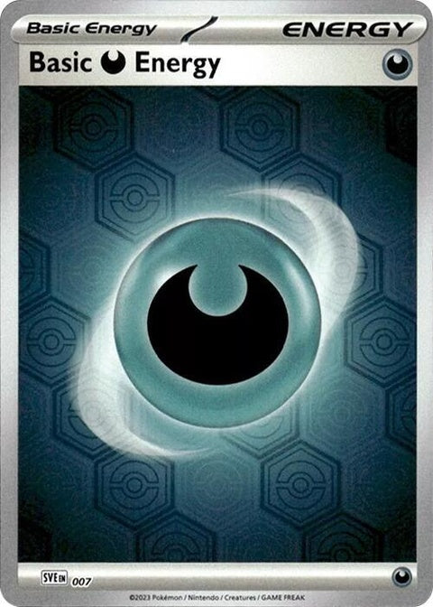 Reverse holofoil image of Shrouded Fable Basic Darkness Energy card from Pokémon, featuring dark energy design and brand logo.