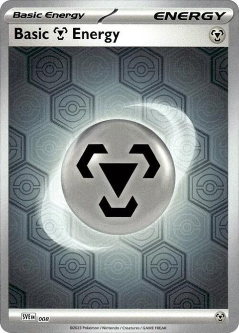 Reverse holofoil image of Pokémon Shrouded Fable Basic Metal Energy card, 8, from the Pokémon Singles collection.