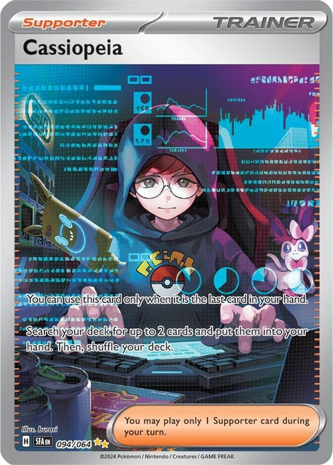 Pokémon Shrouded Fable Cassiopeia 94 single card featuring artwork of a character from the Pokémon trading card game.