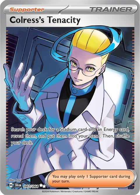 Pokémon Shrouded Fable Colress's Tenacity trading card, featuring character artwork and game details.