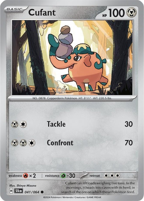 Pokémon Shrouded Fable Cufant 41 singles card featuring Cufant with detailed artwork and vibrant colors.