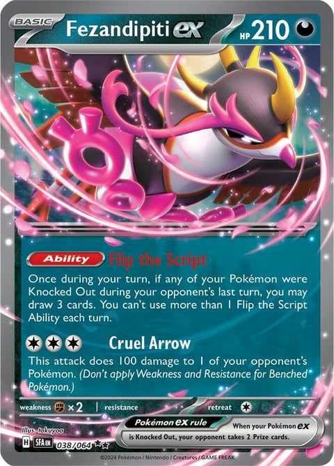 Pokémon Shrouded Fable Fezandipiti EX singles card featuring artwork of a fox-like Pokémon with mystical design elements.