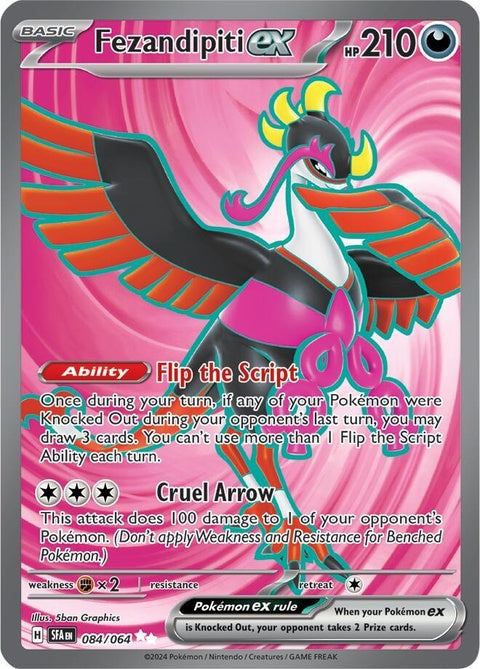Pokémon Shrouded Fable Fezandipiti EX single card featuring artwork of the Pokémon Fezandipiti in a shrouded setting.