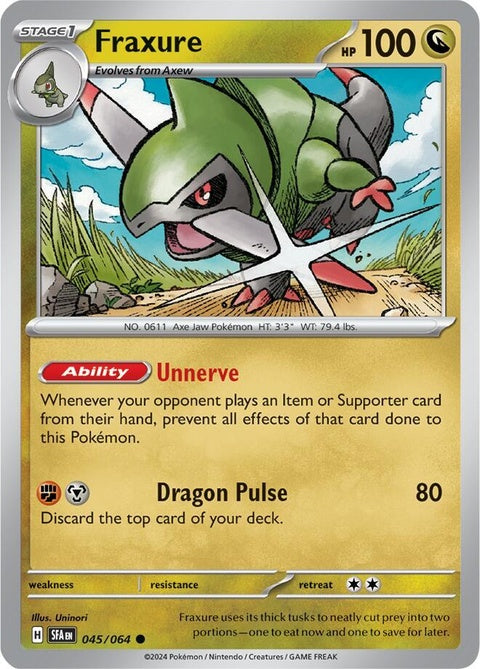 Pokémon Shrouded Fable Fraxure single card featuring detailed artwork of the dragon Pokémon in a dynamic pose.
