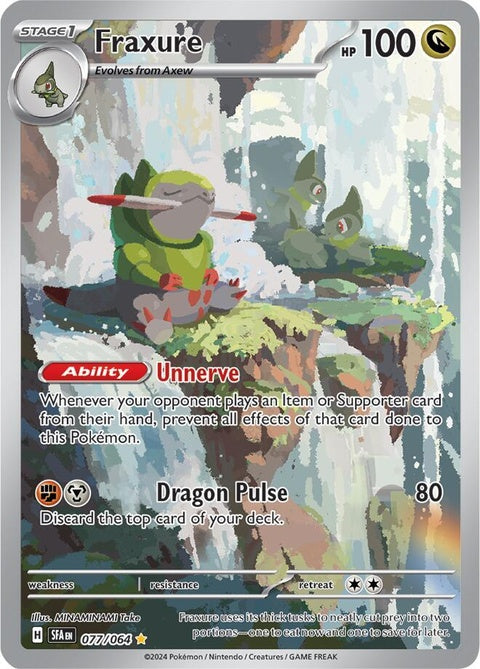 Shrouded Fable Fraxure Pokémon single card featuring artwork of the dragon-type creature with blue scales and sharp features.