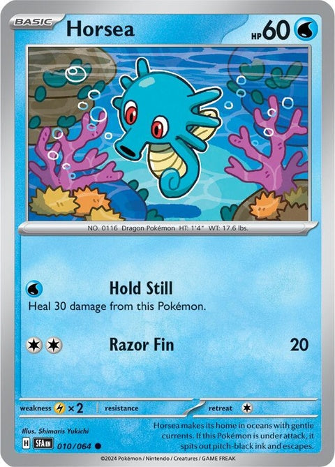 Pokémon Shrouded Fable Horsea single card featuring a blue Water-type Horsea from the Pokémon trading card game.